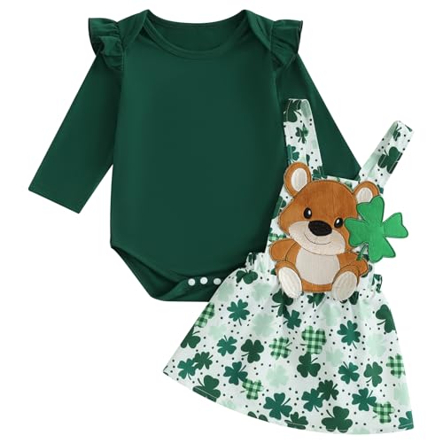Owegvia Baby Girl Irish Outfits Long Sleeve Romper + Bear Patch Clover Print Suspender Skirt Baby St. Patrick's Day Outfit (Green, 3-6 Months) von Owegvia