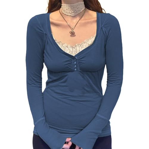 Owegvia Damen Fee Spitze Trim Patchwork Crop Top Y2k Ästhetische Langarm T-Shirt Slim Fit Grunge Bluse Shirt Streetwear (Q74-Blue, S) von Owegvia