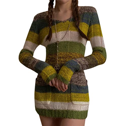 Owegvia Damen Gothic Punk Minikleid Vintage Gestreift Strick Bodycon Kleid Schulterfrei U-Boot-Ausschnitt Langarm Kurzes Kleid Street Party, Grünes Patchwork, Medium von Owegvia
