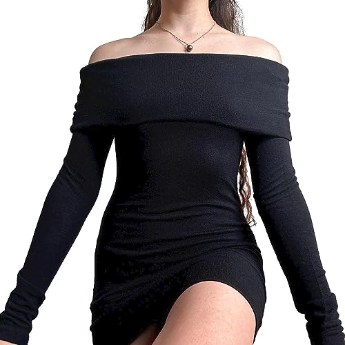 Owegvia Damen Gothic Punk Minikleid Vintage Gestreiftes Strick Bodycon Kleid Schulterfrei Boot-Ausschnitt Langarm Kurzes Kleid Street Party (Q01-Black, S) von Owegvia