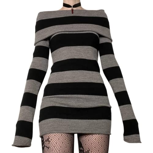 Owegvia Damen Gothic Punk Minikleid Vintage Gestreift Strick Bodycon Kleid Schulterfrei U-Boot-Ausschnitt Langarm Kurzes Kleid Street Party, Schwarz , L Owegvia Damen Gothic Punk Minikleid Vintage Gestreift Strick Bodycon Kleid Schulterfrei U-Boot-Ausschnitt Langarm Kurzes Kleid Street Party, Schwarz , L von Owegvia