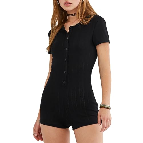 Owegvia Damen Kurzer Jumpsuit Sommer Kurz Pyjama Strampler Kurzarm Button Down Einfarbig Floral Jumpsuit Pyjama, Schwarz , 38 von Owegvia