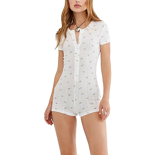 Owegvia Damen Kurzer Jumpsuit Sommer Kurz Pyjama Strampler Kurzarm Button Down Einfarbig Floral Jumpsuit Pyjama, weiß, 42 von Owegvia