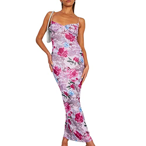 Owegvia Damen Rückenfrei Floral Print Spaghetti Strap Bodycon Maxi Dress Y2k Low Cut Ärmellos Sling Langes Kleid Sommerkleider Streetwear Party Cocktail (A12, XL) von Owegvia