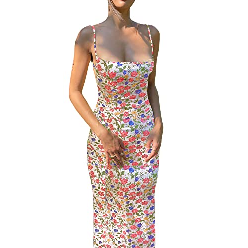 Owegvia Damen Rückenfrei Floral Print Spaghetti Strap Bodycon Maxi Dress Y2k Low Cut Ärmellos Sling Langes Kleid Sommerkleider Streetwear Party Cocktail (Colorful, S) von Owegvia