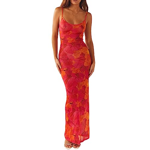 Owegvia Damen Rückenfrei Floral Print Spaghetti Strap Bodycon Maxi Dress Y2k Low Cut Ärmellos Sling Langes Kleid Sommerkleider Streetwear Party Cocktail (Q07-Red, M) von Owegvia