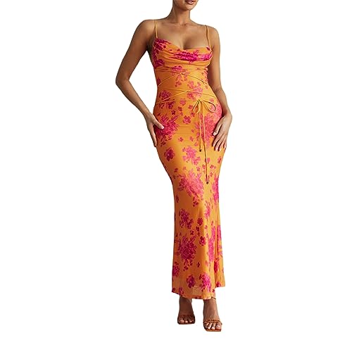 Owegvia Damen Rückenfrei Floral Print Spaghetti Strap Bodycon Maxi Dress Y2k Low Cut Ärmellos Sling Langes Kleid Sommerkleider Streetwear Party Cocktail (Q25-Gelb, S) von Owegvia