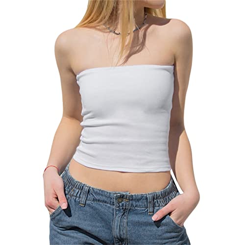 Owegvia Damen Sexy Y2k Bandeau Top Schulterfrei Trägerlos Tube Top Fee Spitze Ärmellos Crop Tops Slim Fit Rückenfrei Tanks Weste E Mädchen Streetwear Club Party (01-Weiß, S) von Owegvia