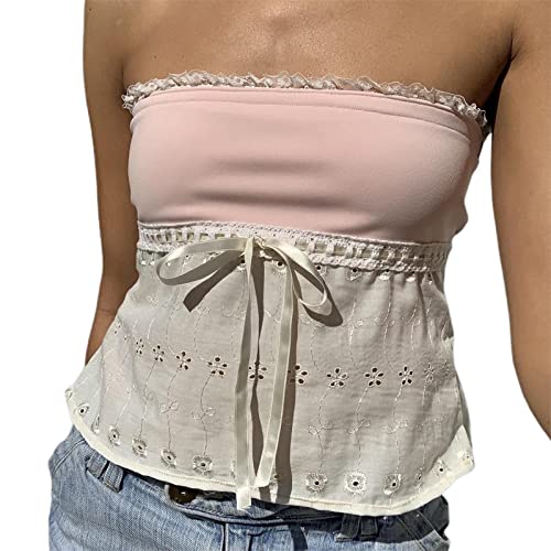 Owegvia Damen Sexy Y2k Bandeau Top Schulterfrei Trägerlos Tube Top Fee Spitze Ärmellos Crop Tops Slim Fit Rückenfrei Tanks Weste E Mädchen Streetwear Club Party (02-Rosa, S) von Owegvia