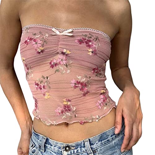 Owegvia Damen Sexy Y2k Bandeau Top Schulterfrei Trägerlos Tube Top Fee Spitze Ärmellos Crop Tops Slim Fit Rückenfrei Tanks Weste E Mädchen Streetwear Club Party (03-Rosa, S) von Owegvia