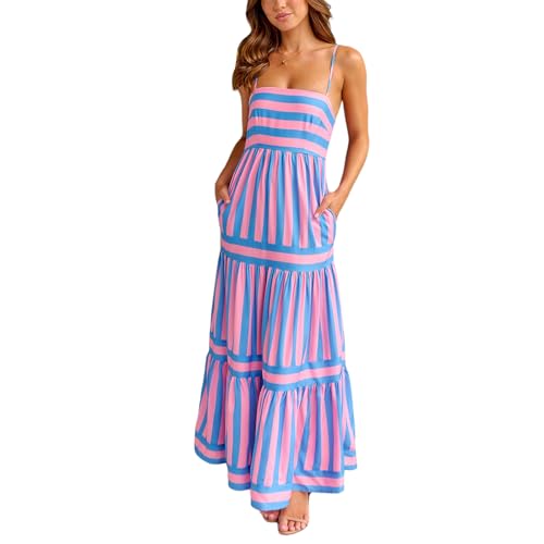 Owegvia Damen Sommer Flowy Maxi Kleid Criss Cross Rückenfrei Flowy Strand Langes Kleid Urlaub Strand Bohemian Slip Sonnenkleid (Pink, S) von Owegvia
