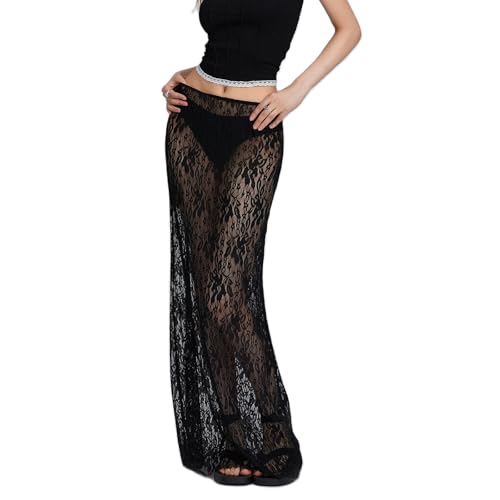 Owegvia Damen Sommer Weiß Spitze Maxirock Mesh Sheer A-Linie Lange Röcke mit Gefüttert Elegant Strand Party Maxi Röcke, B- Schwarz, L Owegvia Damen Sommer Weiß Spitze Maxirock Mesh Sheer A-Linie Lange Röcke mit Gefüttert Elegant Strand Party Maxi Röcke, B- Schwarz, L von Owegvia