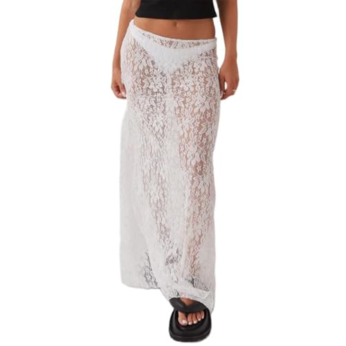 Owegvia Damen Sommer Weiß Spitze Maxirock Mesh Sheer A-Linie Lange Röcke mit Gefüttert Elegant Strand Party Maxi Röcke, B - Weiß, M von Owegvia