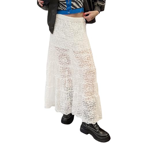 Owegvia Damen Sommer Weiß Spitze Maxirock Mesh Sheer A-Linie Lange Röcke mit Gefüttert Elegant Strand Party Maxi Röcke, weiß, 40 von Owegvia