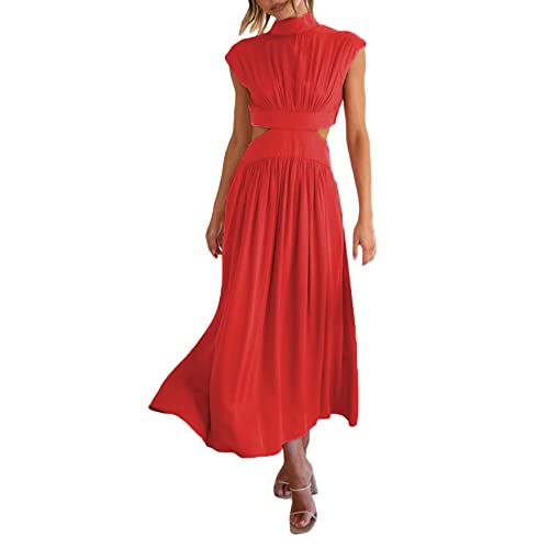 Owegvia Damen Sommerkleid mit Cutout, Stehkragen, tailliertem Hohlraum, ärmellos, Midi-Länge, Strandurlaub, locker geschnittenes Kleid (Rot, M) von Owegvia