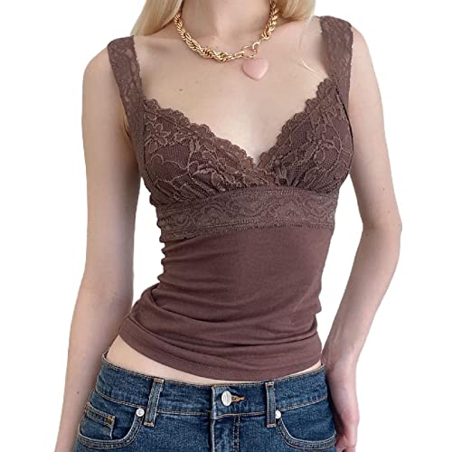 Owegvia Damen Spitze Rüsche Crop Cami Tank Top ärmellos Spleißen Quadratische Hals Tanks Weste Ästhetische Fee Tie Up Camisole Crop Top (Braun, S) von Owegvia