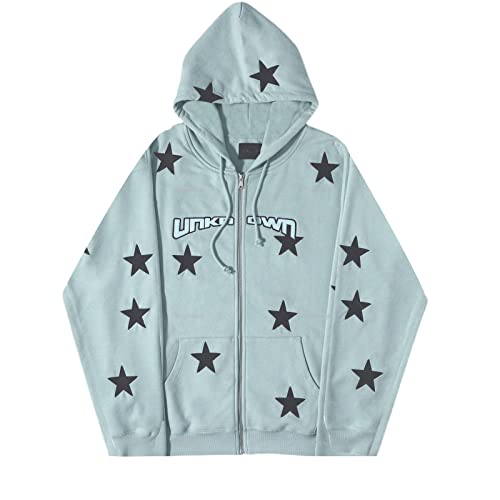 Owegvia Damen Übergröße Zip Up Hoodie Y2k Langarm Star Print Vintage Gothic Punk Sweatshirt Ästhetisch Lose Kapuzenmantel Oberbekleidung (Blau, L) von Owegvia