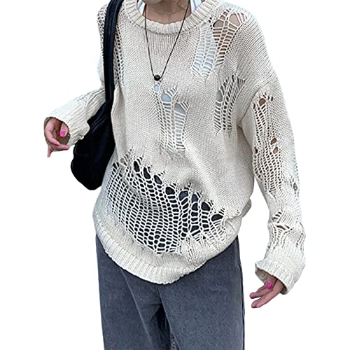 Owegvia Damen Y2K Hollow Out Crochet Knit Pullover Langarm Ripped Pullover Jumpser Übergröße Broken Hole Pullover Cover Ups Knitwear Streetwear (Beige Weiß, Einheitsgröße) von Owegvia