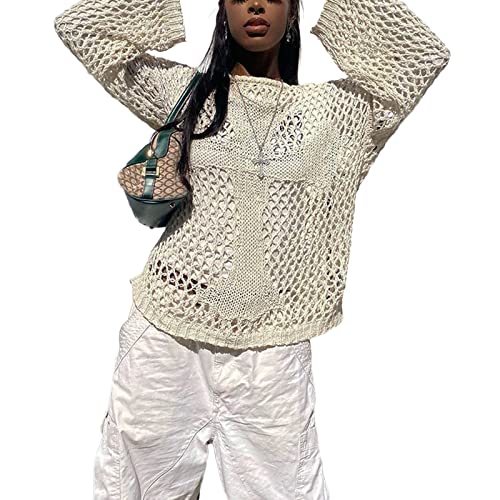 Owegvia Damen Y2K Hollow Out Crochet Knit Pullover Langarm Ripped Pullover Jumpser Übergröße Broken Hole Pullover Cover Ups Knitwear Streetwear (Creme Weiß, M) von Owegvia