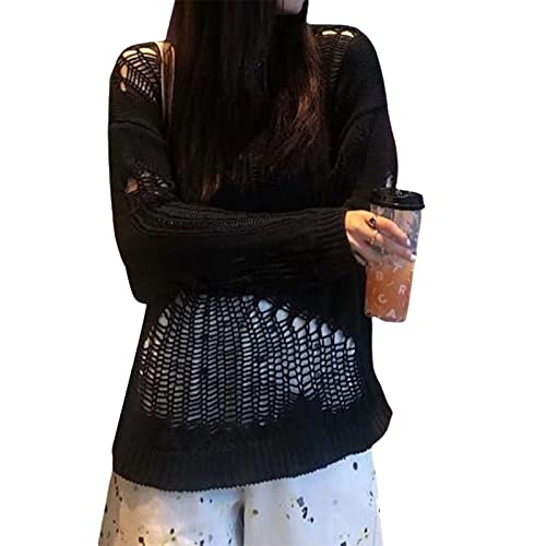 Owegvia Damen Y2K Hollow Out Crochet Knit Pullover Langarm Ripped Pullover Jumpser Übergröße Broken Hole Pullover Cover Ups Knitwear Streetwear (Schwarz, Einheitsgröße) von Owegvia