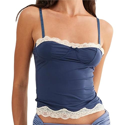 Owegvia Damen Y2K Spitze Cami Spaghettiträger Fairy Grunge Tie Up V-Ausschnitt Ärmellos Sling Tank Tops Sommer Unterhemden Crop Tops, Q44-Blau, M von Owegvia