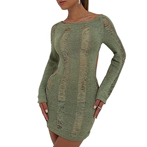 Owegvia Damen Y2k Bodycon Mini Dress Sexy Hollow Out Backless Kurzes Kleid See Through Langarm Strick Cover Ups Strandkleid (Hellgrün, L) von Owegvia