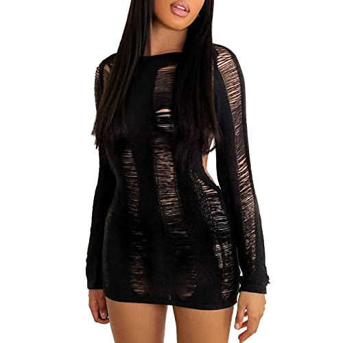 Owegvia Damen Y2k Bodycon Mini Dress Sexy Hollow Out Backless Kurzes Kleid See Through Langarm Strick Cover Ups Strandkleid (Schwarz, L) von Owegvia