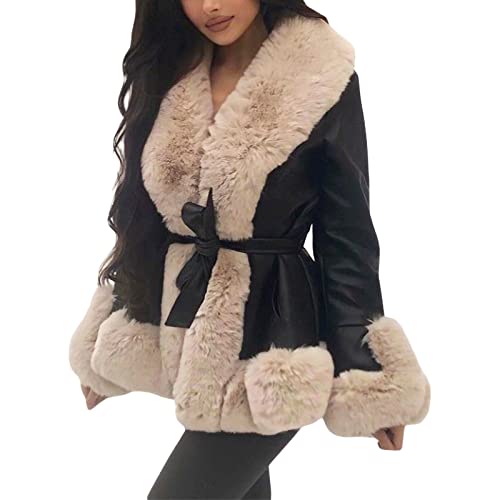 Owegvia Damen dicken warmen Kunstpelz Strickjacke Lederjacke Plüsch Kragen Manschetten vorne offen Strickjacke Mantel Pu Outwear mit Gürtel Streetwear (Schwarz , S ) von Owegvia