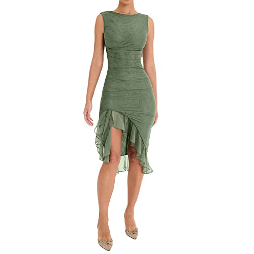 Owegvia Damen rückenfreies Mesh-Kleid mit Rüschen und Quasten Fitted Ärmelloses Floral Fransen Bodycon Kleid Y2k Transparentes Langes Club Partykleid (Graugrün, L) von Owegvia