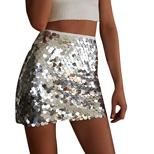 Owegvia Frauen Y2k Glitzer Mini Bodycon Rock Kleid Hohe Taille Disco Pailletten Club Rock Bühne Performance Club Mini Röcke, silber, 36 von Owegvia