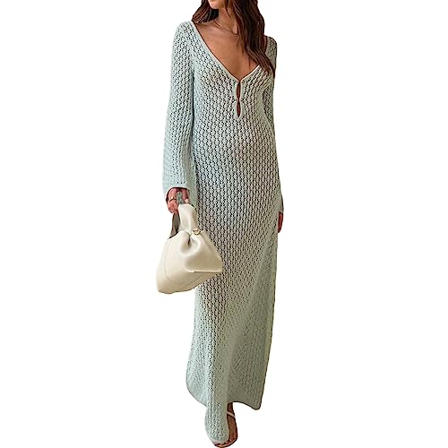 Owegvia Frauen Y2k Sheer Mesh Lange Strickkleid Aushöhlen Tiefer V-Ausschnitt Langarm Bodycon Cover Ups Backless Urlaub Kleid, grün, Small von Owegvia