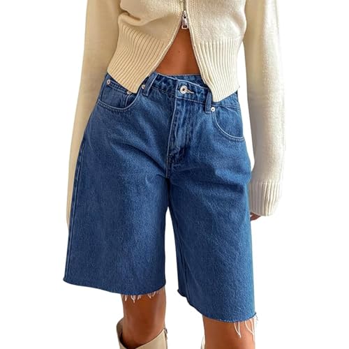 Owegvia Jorts Y2k Womens Knee Length Denim Shorts High Waist Baggy Jean Shorts Bermuda Shorts Straight Leg Carpenter Shorts (C- Blue, M) von Owegvia