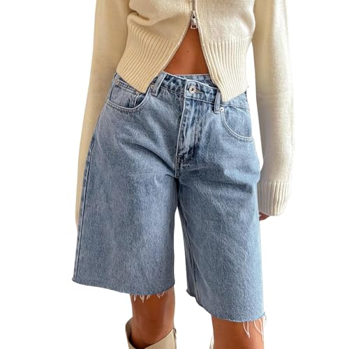 Owegvia Jorts Y2k Womens Knee Length Denim Shorts High Waist Baggy Jean Shorts Bermuda Shorts Straight Leg Carpenter Shorts (C- Light Blue, L) von Owegvia