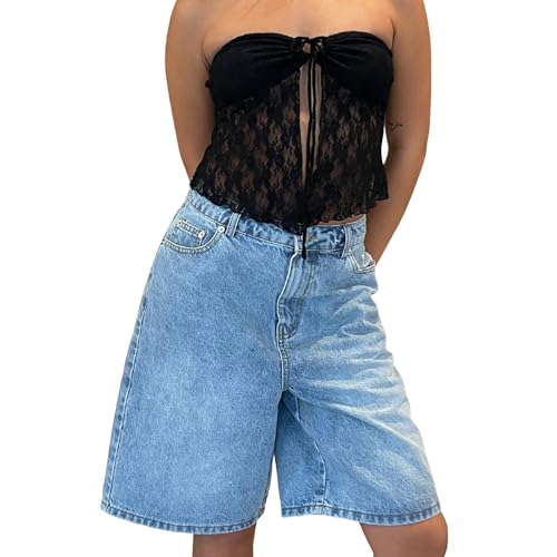 Owegvia Jorts Y2k Womens Knee Length Denim Shorts High Waist Baggy Jean Shorts Bermuda Shorts Straight Leg Carpenter Shorts (Light Blue, L) von Owegvia