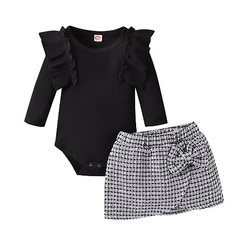 Owegvia Kinder Mädchen Rock Set, lange Ärmel halbhohen Kragen T-Shirt mit Tweed Rock und Gürtel Herbst Outfits für Kleinkind Mädchen (Schwarz 01, 6-12 Months) von Owegvia