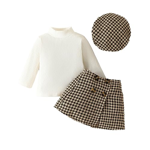 Owegvia Kinder Mädchen Rock Set, lange Ärmel halbhohen Kragen T-Shirt mit Tweed Rock und Gürtel Herbst Outfits für Kleinkind Mädchen (Weiß, 12-18 Months) von Owegvia