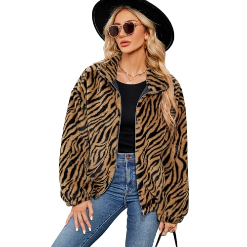 Owegvia Kunstpelz Jacke Damen Karo/Zebra Streifen/Leopard Langarm Reißverschluss Strickjacke Fuzzy Mäntel für Outwear Cropped Jacket (Gelber Leopard, L) von Owegvia