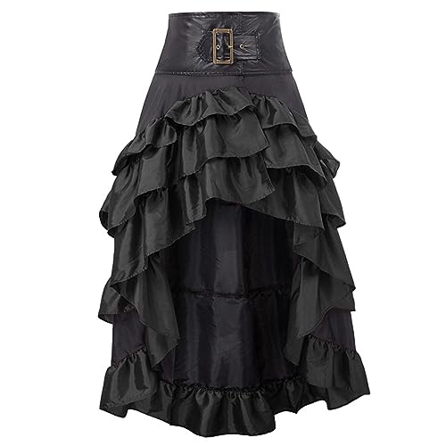 Owegvia Renaissance Kostüm Frauen Gothic Steampunk Rock High-Low Gürtel Rock Viktorianischen Rock Cosplay Kostüm Maxi Röcke, Schwarz 01, 36 von Owegvia