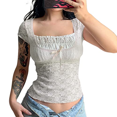 Owegvia Women Fairy Grunge Aesthetic Lace Splicing Square-Neck Short Sleeve Crop Tops Camisole Y2k Crop Top for Girls (White, M) von Owegvia