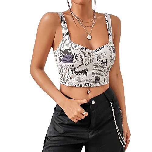 Women Newspaper Print Crop Tops Y2k Vintage Graphic Print Tank Top Backless Sleeveless V Neck Strap Sling Vest Streetwear (Black White, M) von Owegvia