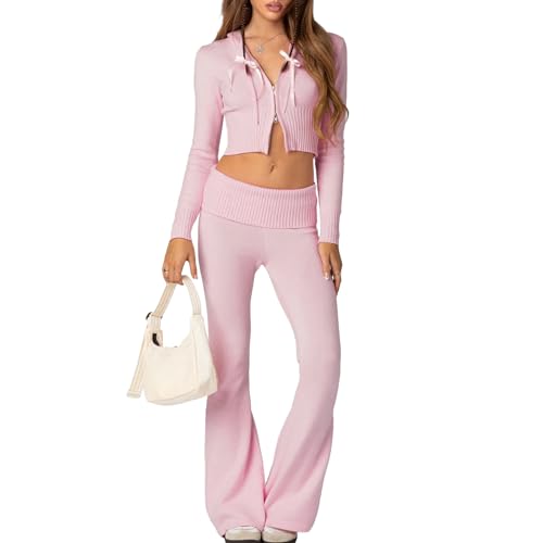 Owegvia Women Tracksuits 2 Piece Set Long Sleeve Zip Up Cropped Hoodie And Bootcut Pants 2 Piece Lounge Set Women (Pink, S) von Owegvia