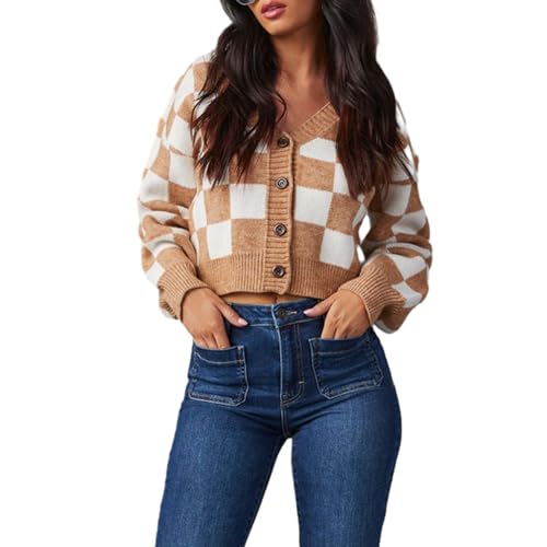 Owegvia Women's Checkerboard Print Cropped Cardigans Long Sleeve V Neck Button Down Sweaters Knit Tops Cardigan Sweaters (Camel, L) von Owegvia