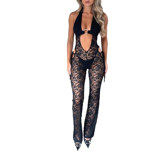 Owegvia Women's Hollow Lace Tight Jumpsuit Halter Neck Sleeveless Showing Navel Long Pants Bodysuit for Summer Club Outfits (Black 01, L) von Owegvia