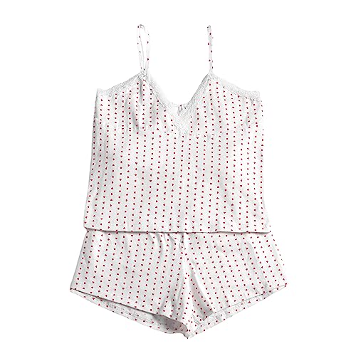 Owegvia Women’s Two Piece Lounge Set Y2k Sleeveless Heart Print Cami Tops and Shorts Set Women Pajamas Set (White, M) von Owegvia