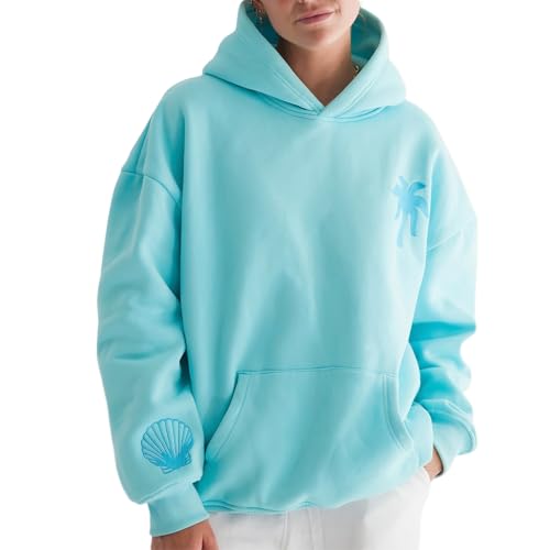 Owegvia Womens Beach Graphic Hoodie Aesthetic Preppy Sweatshirt Floral Printed Long Sleeve Pullover Tops with Pockets (Light Blue, L) von Owegvia