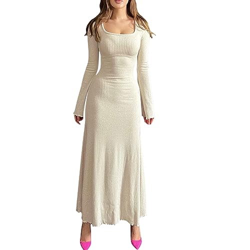 Pullover Kleid für Damen 2023 Elegant Langarm Rundhalsausschnitt Gerippt Stricken Solide Herbst Bodycon Maxi Kleid Streetwear (Apricot 02, M) von Owegvia