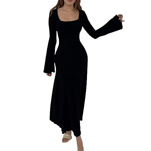 Pullover Kleid für Damen 2023 Elegant Langarm Rundhalsausschnitt Gerippt Stricken Solide Herbst Bodycon Maxi Kleid Streetwear (Black 05, L) von Owegvia