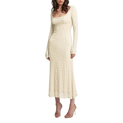 Pullover Kleid für Damen 2023 Elegant Langarm Rundhalsausschnitt Gerippt Stricken Solide Herbst Bodycon Maxi Kleid Streetwear (Khaki 05, L) von Owegvia