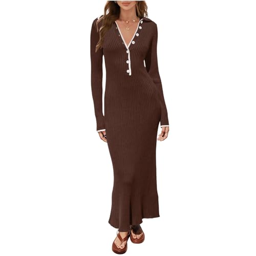 Pullover Kleid für Damen 2023 Elegant Langarm Rundhalsausschnitt Gerippt Stricken Solide Herbst Bodycon Maxi Kleid Streetwear (Q01-Brown, M) von Owegvia