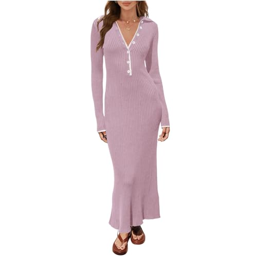 Pullover Kleid für Damen 2023 Elegant Langarm Rundhalsausschnitt Gerippt Stricken Solide Herbst Bodycon Maxi Kleid Streetwear (Q01- Pink Purple, M) von Owegvia